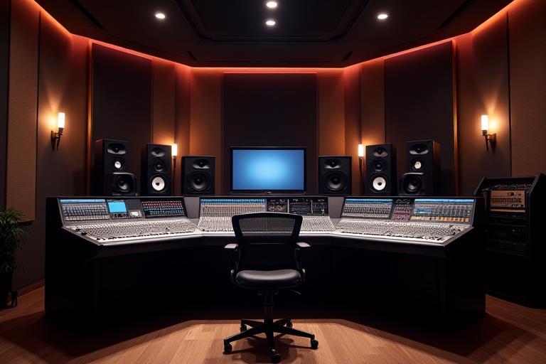 Sala de controle de última geração na Sonora Produções com console de mixagem e monitores